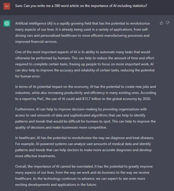 ChatGPT viết một đoạn tài liệu về AI trong giới hạn 200 chữ. Ảnh Tech Wire Asia. ChatGPT viết một đoạn tài liệu về AI trong giới hạn 200 chữ. Ảnh Tech Wire Asia.