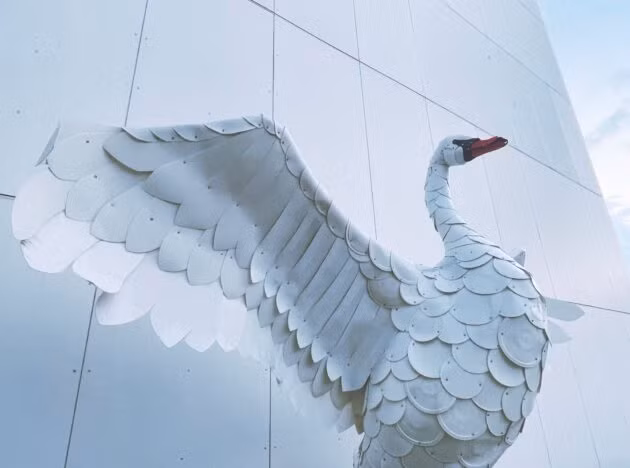 “Thiên nga Bắc Âu”, tác phẩm điêu khắc của Thomas Dambo làm từ 300 chiếc xô rác thải nhựa, trưng bày tại Bảo tàng Quốc gia Bắc Âu của Seattle. Ảnh GeekWire / Kurt Schlosser.