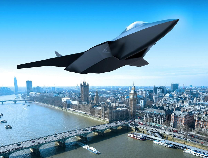 Đồ họa máy bay chiến đấu thế hệ 6 bay trên tòa nhà Quốc hội Anh. Ảnh E&T Đồ họa máy bay chiến đấu thế hệ 6 bay trên tòa nhà Quốc hội Anh. Ảnh E&T