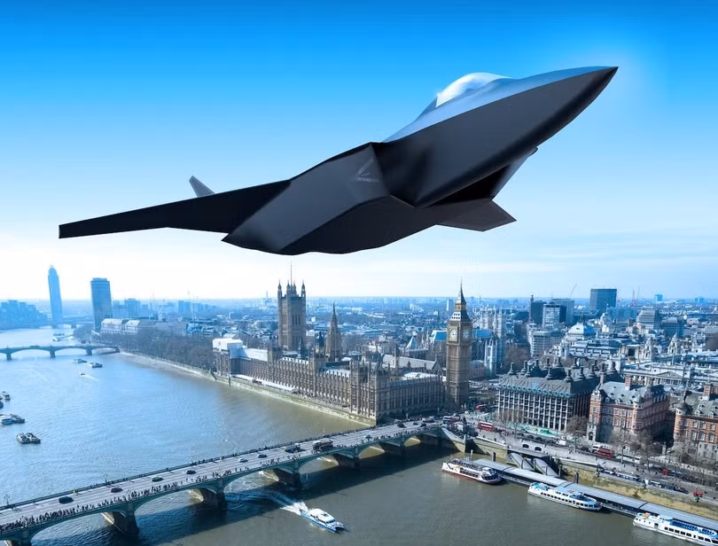 Đồ họa máy bay chiến đấu thế hệ 6 bay trên tòa nhà Quốc hội Anh. Ảnh E&amp;T