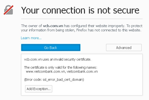 Thông báo lỗi liên quan đến chứng thực đối với địa chỉ www.vcb.com.vn.