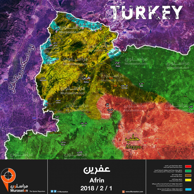 Tình hình chiến sự khu vực Afrin, Aleppo tính đến ngày 01.02.2018 theo Muraselon