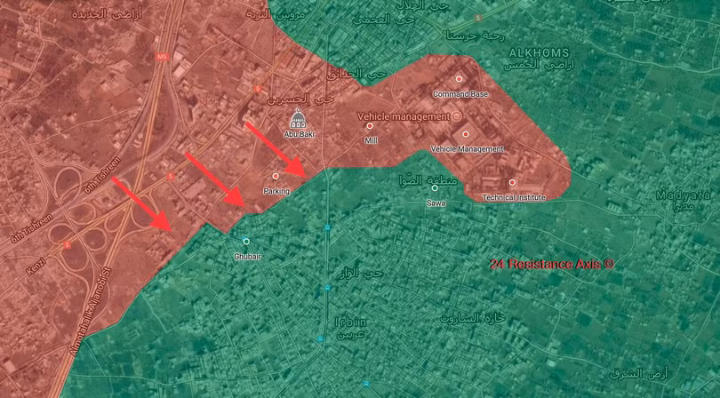 Các mũi tiến công của quân đội Syria trên khu vực chiến trường quận Harasta gần căn cứ Thiết giáp Đông Ghouta. ảnh Muraselon