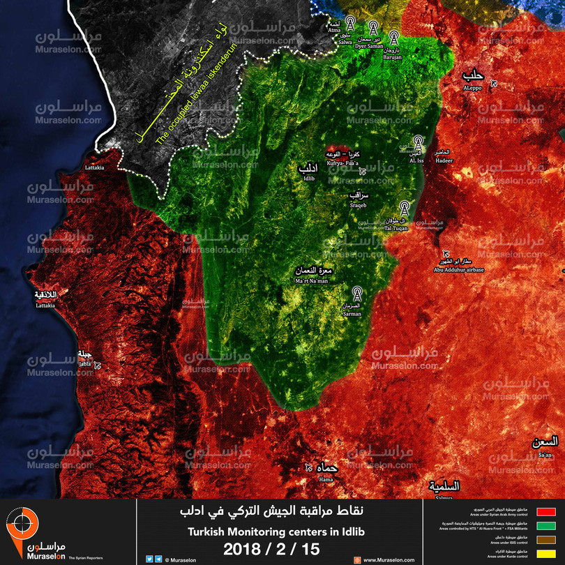 Bản đồ các trạm kiểm soát ngừng bắn của Thổ Nhĩ Kỳ trong khu vực tỉnh Idlib - ảnh Muraselon