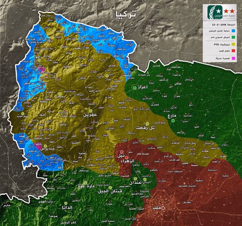 Bản đồ Afrin tính đến ngày 23.02.2018 - ảnh mịnh họa truyền thông "đối lập" Syria