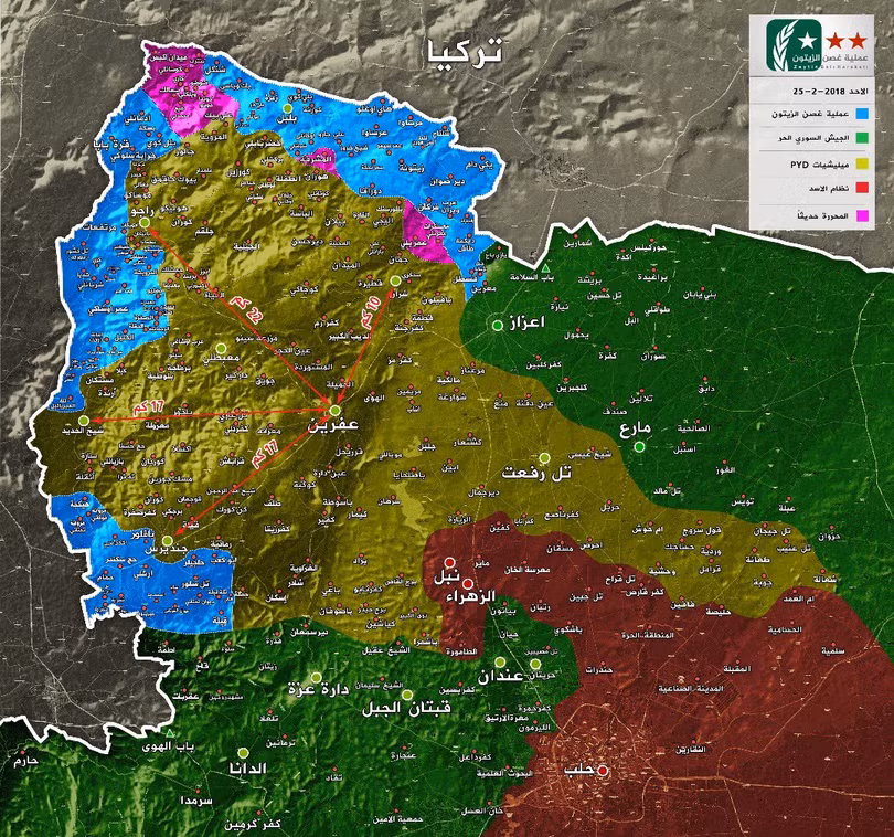 Tình hình chiến sự vùng Afrin, từ các vị trí của FSA đến thành phố dưới 20 km. ảnh truyền thông "đối lập" Syria