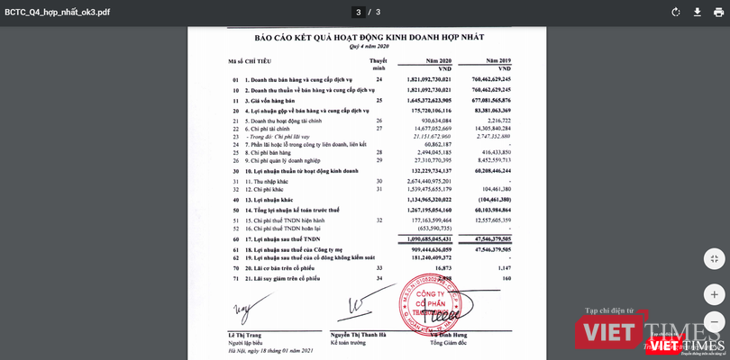 Bản báo cáo tài chính hợp nhất Quý 4/2020 vừa được Thaiholdings công bố chỉ có độ dài 3 trang, tối thiểu đến mức không có phần thuyết minh và báo cáo lưu chuyển tiền tệ (Ảnh chụp màn hình - Nguồn: THD)