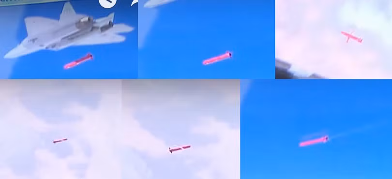 Máy bay tiêm kích tàng hình Su-57 phóng tên lửa hành trình ơ Syria. Ảnh ghép video