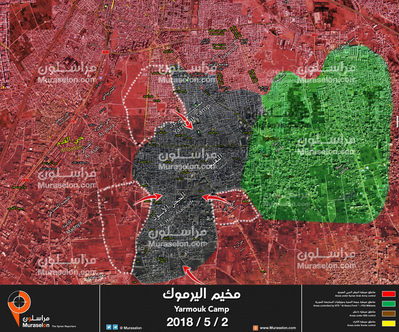 Những hướng tấn công chính trên khu vực Yarmouk, phía nam thành phố thủ đô Damascus. Ảnh Muraselon