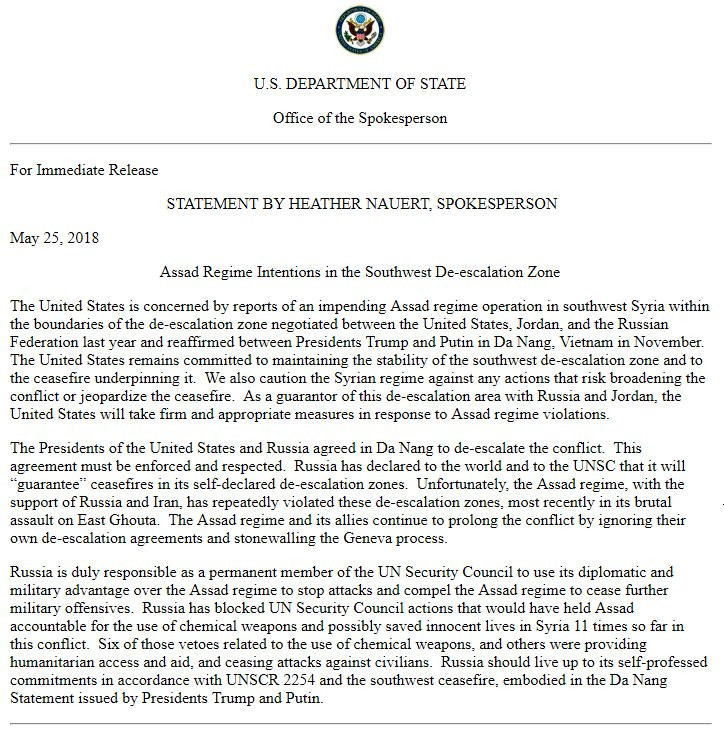 Cảnh báo của Bộ ngoại giao Mỹ, nhằm ngăn chặn cuộc tiến công của quân đội Syria trong địa phận tỉnh Daraa.