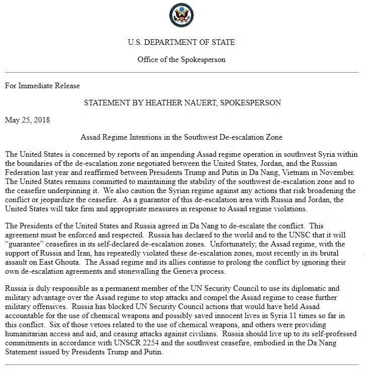Cảnh báo của Bộ ngoại giao Mỹ, nhằm ngăn chặn cuộc tiến công của quân đội Syria trong địa phận tỉnh Daraa. Cảnh báo của Bộ ngoại giao Mỹ, nhằm ngăn chặn cuộc tiến công của quân đội Syria trong địa phận tỉnh Daraa.