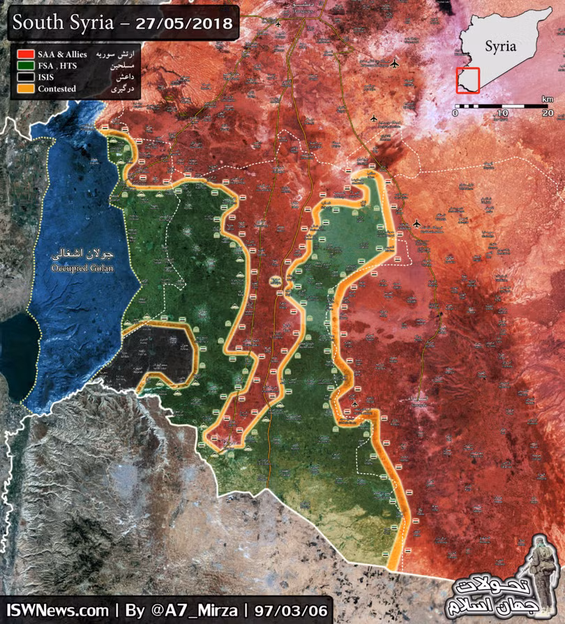 Tình hinh phân bổ lực lượng trong khu vực tỉnh Daraa và Al-Quneitra. Bản đồ South Front
