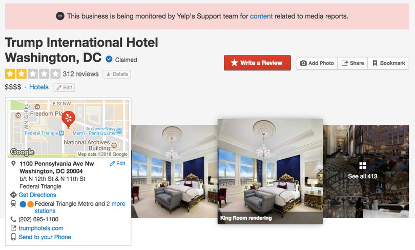 Điểm uy tín của Khách sạng Quốc tế Trump tại Washington đã sụt giảm nghiêm trọng. Nguồn Yelp