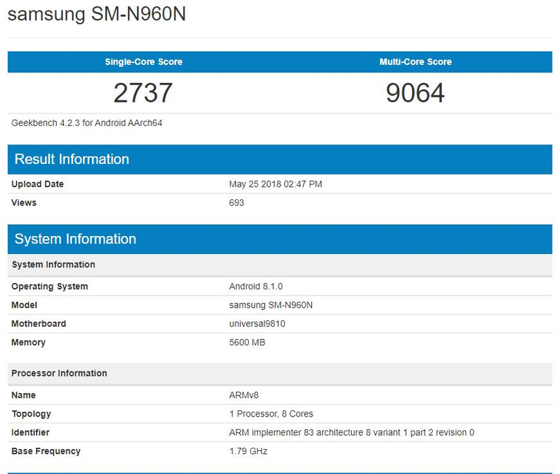 Kết quả thử nghiệm Geekbench của Galaxy Note 9 rò rỉ trong thời gian gần đây, điểm số tương đương với Galaxy S9+. Nguồn: Geekbench