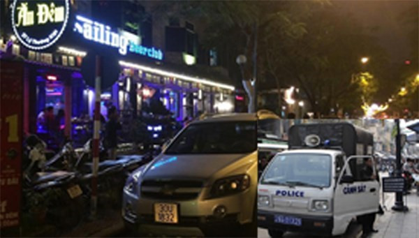 Nhà hàng 27 Lý Thường Kiệt thường xuyên lấn chiếm vỉa hè, lòng đường (ảnh lớn). Các hộ kinh doanh trên phố Hàng Đào thản nhiên lấn chiếm lòng đường, vỉa hè trước mặt công an, trật tự viên (ảnh nhỏ)