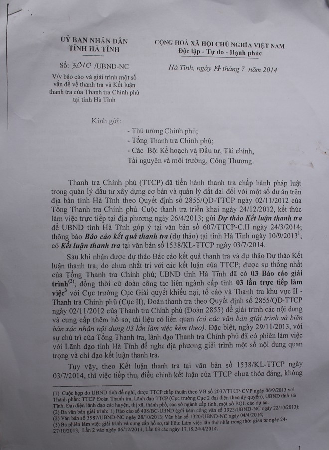Báo cáo 3010 của tỉnh Hà Tĩnh