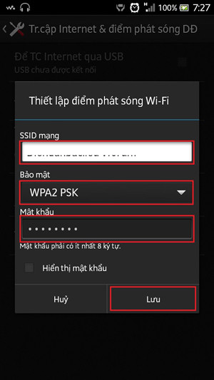 Phát WiFi bằng điện thoại Android: Sau cùng các bạn có thể tùy chọn tên mạng WiFi, mật khẩu và chế độ mã hóa của WiFi (trong ảnh đang chọn chế độ WPA2 PSK), rồi nhấn nút Lưu.