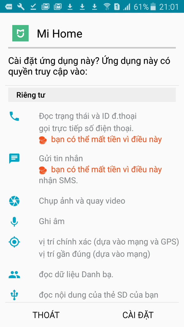 Hướng dẫn về bộ kích sóng WiFi: Khi cài đặt MiHome chúng ta hãy lưu ý đến những quyền cấp cho ứng dụng trên điện thoại.