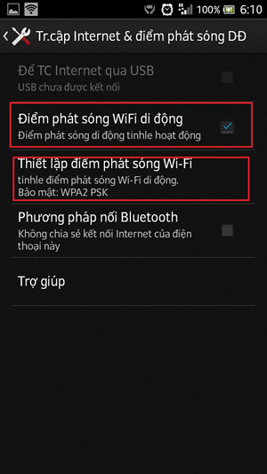 Phát WiFi bằng điện thoại Android: Đánh dấu vào phần “Điểm phát sóng WiFi di động” rồi nhấp chuột vào phần “Thiết lập điểm phát sóng WiFi”.