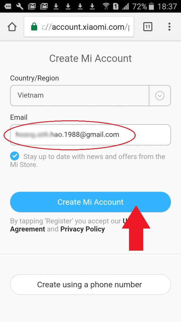 Hướng dẫn về bộ kích sóng WiFi: Vàođâyđể đăng ký một tài khoản Xiaomi, chúng ta sẽ cần nhập email.