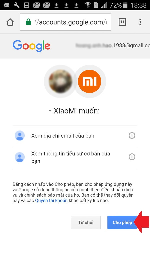 Hướng dẫn về bộ kích sóng WiFi: Đọc các quyền mà hệ thống muốn từ email của bạn, nếu đồng ý hãy bấmCho phép.