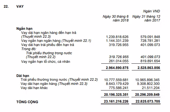 Tổng các khoản vay đến 30/6/2018 của CTCP Hoàng Anh Gia Lai (Nguồn: BCTC Hợp nhất bán niên 2018 - HAGL)
