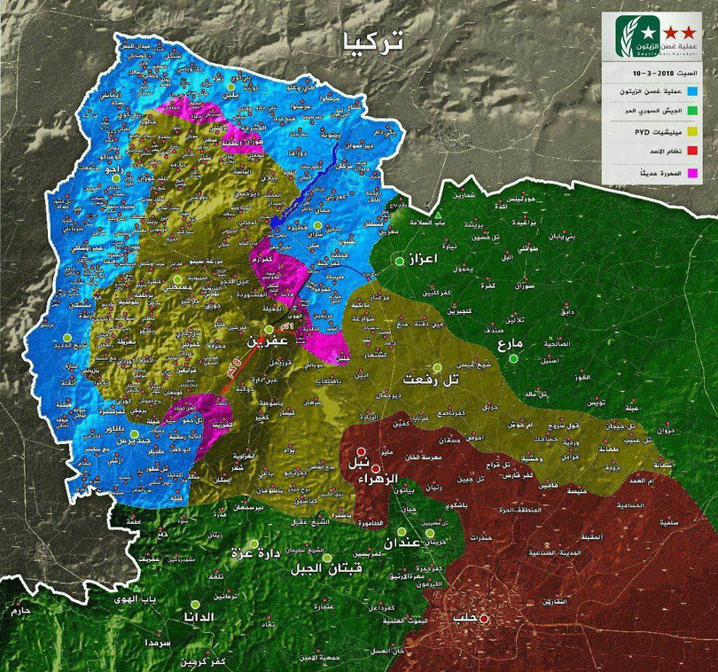 Tình hình chiến sự khu vực Afrin tính đến ngày 10.03.2018 theo truyền thông "đối lập: Syria FSA