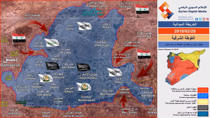Phân bổ lực lượng và các mũi tiến công của quân đội Syria trên chiến trường Đông Ghouta - ảnh Syrian Digital Media
