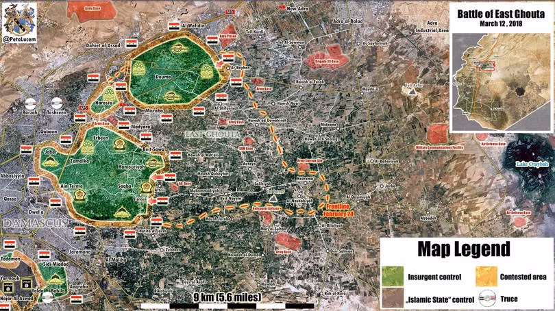 Tình hình chiến sự Đông Ghouta ngày 12.03.2018, quân đội Syria tiếp tục tấn công mãnh liệt vào các vị trí của lực lượng Hồi giáo cực đoan - ảnh Muraselon