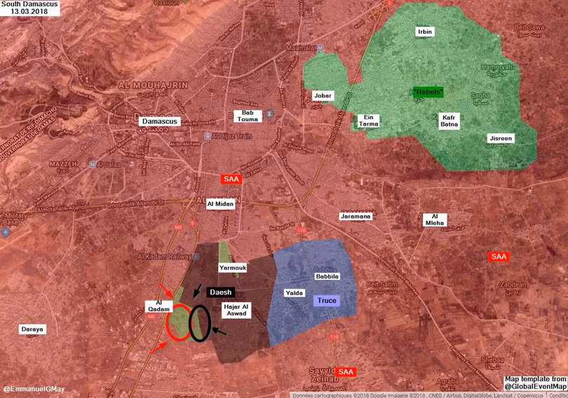 Khu vực chiến trường Trại tị nạn Yarmouk, tình hình đến ngày 13.03.2018