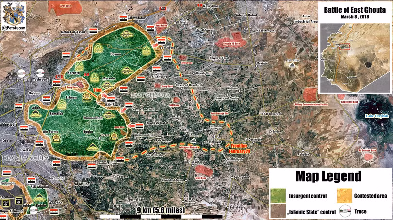 Bản đồ tình hình chiến sự Đông Ghouta ngày 08.03.2018 theo Al-Massdar News