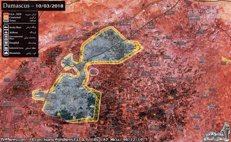 Bản đồ chiến sự khu vực Đông Ghouta, quân đội Syria giải phóng Misraba, chia cắt thành 2 vùng chiến tuyến - ảnh South Front