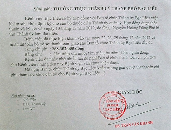 Công văn nhắc nợ lần 5 của Bệnh viện Bạc Liêu.Ảnh: CTV Công văn nhắc nợ lần 5 của Bệnh viện Bạc Liêu.Ảnh: CTV