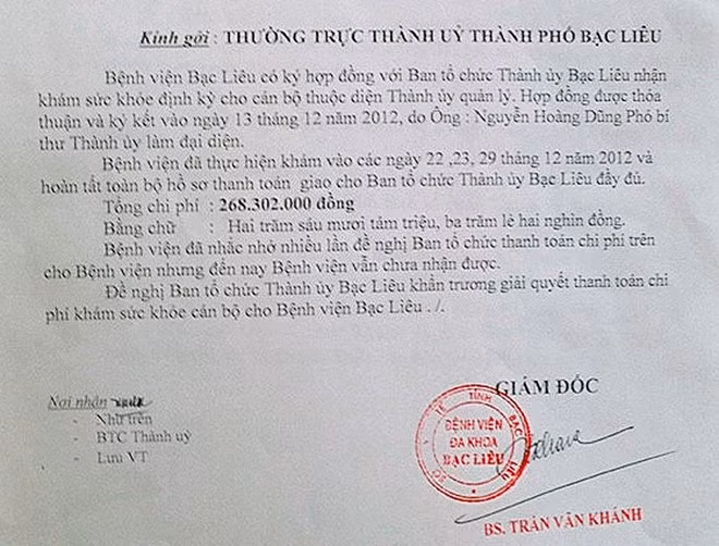 Công văn nhắc nợ lần 5 của Bệnh viện Bạc Liêu.Ảnh: CTV