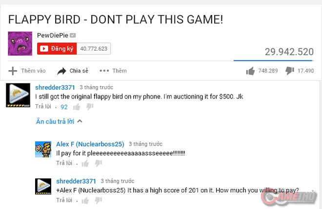Ngay dưới video của PewDiePie, một game thủ sở hữu bảngame gốc đề nghị đấu giá điện thoại với khởi điểm 500 USD, bình luận mới được thực hiện từ 3 tháng trước.