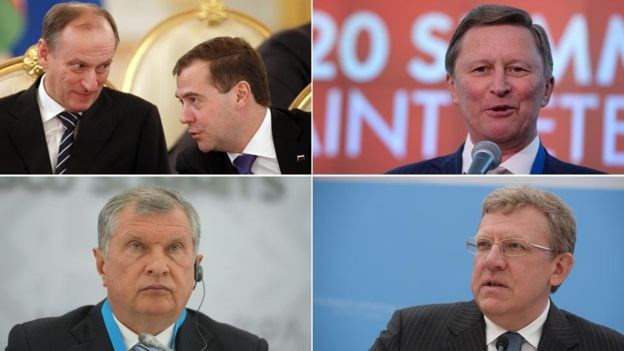 Bộ 5 thân tín của ông Putin: Nikolai Patrushev và Dmitry Medvedev; Sergei Ivanov; Alexei Kudrin và Igor Sechin (từ trái sang). Nguồn: Getty