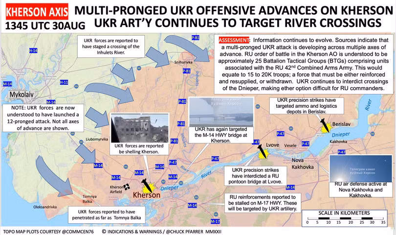 Các mũi tiến công của quân đội Ukraine, các vị trí bị tấn công bằng tên lửa HIMARS ở Kherson. Ảnh Ukraine Pravda.