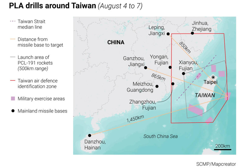 Các căn cứ pháo binh tên lửa trong cuộc diễn tập xung quanh đảo Đài Loan. Ảnh SCMP. Các căn cứ pháo binh tên lửa trong cuộc diễn tập xung quanh đảo Đài Loan. Ảnh SCMP.