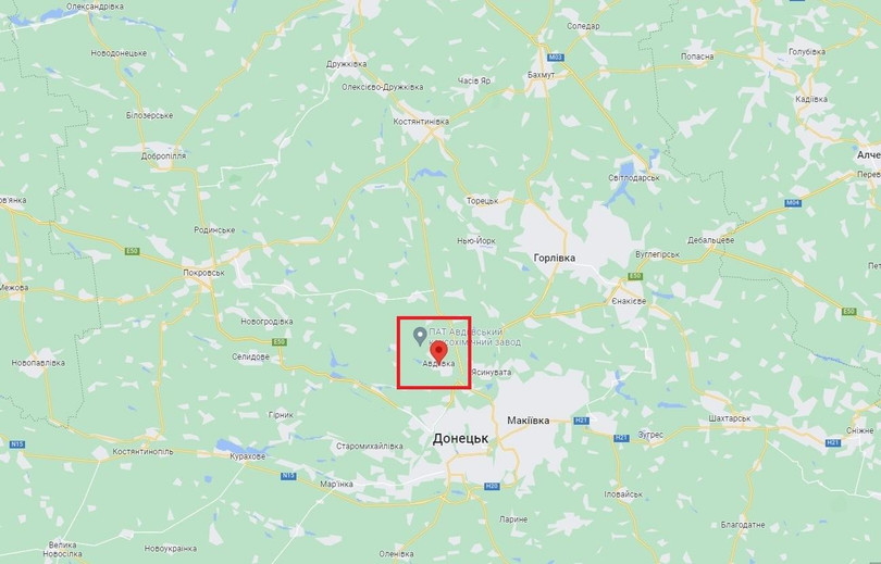 Thành phố Avdiivka trong Vùng Donetsk trên bản đồ của Ukraine. Ảnh mil.in.ua.