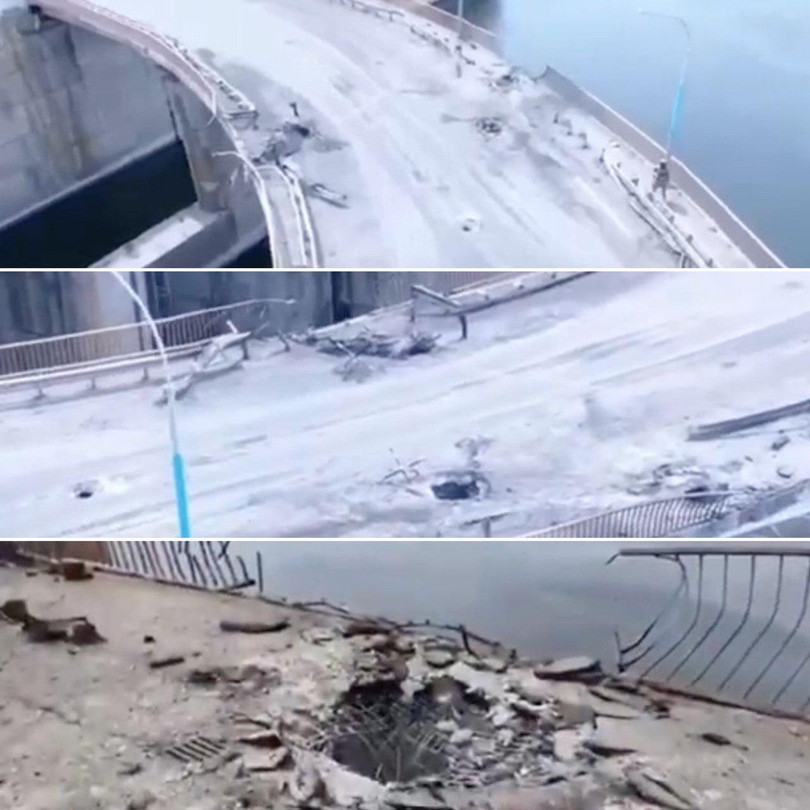 Kết quả của một сuộc pháo kích của quân đội Ukraine vào một cây cầu ở khu vực nhà máy thủy điện Kakhovka , ngày 10/8/2022. Ảnh Military Portal Ukraine.