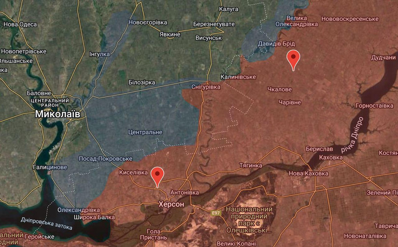 Vị trí hai khu định cư Starytsi và Chornobaivka ở Vùng Kherson, Nguồn: liveuamap