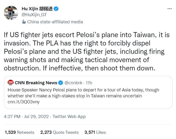 Bình luận viên Hồ Tích Tiến (Hu Xijin) của trang Thời báo Hoàn cầu tuyên bố quân đội Trung Quốc có thể ngăn chặn, bắn cảnh cáo hoặc bắn hạ máy bay của bà Nancy Pelosi. Ảnh tài khoản Twitter Hu Xijin.