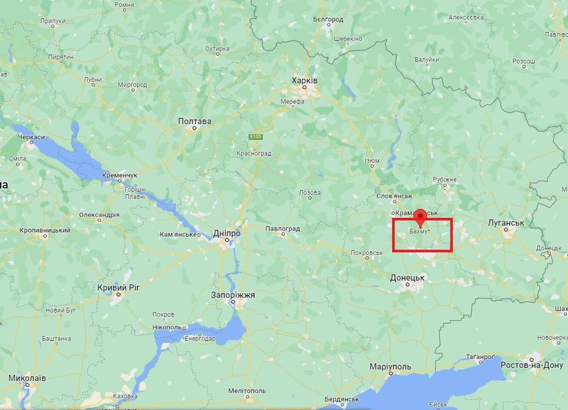 Thành phố Bakhmut ở Vùng Donetsk trên bản đồ Ukraine. Ảnh mil.in.ua