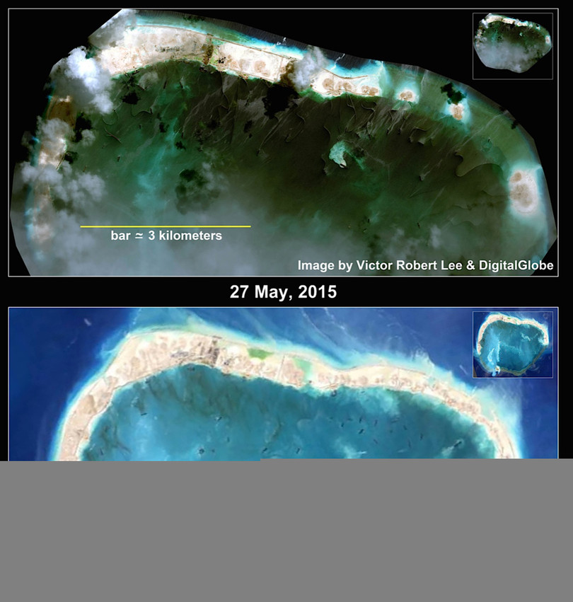 Đảo Vành Khăn ngày 27-5-2015 và ngày 9-6-2015 - Ảnh: thediplomat.com Đảo Vành Khăn ngày 27-5-2015 và ngày 9-6-2015 - Ảnh: thediplomat.com