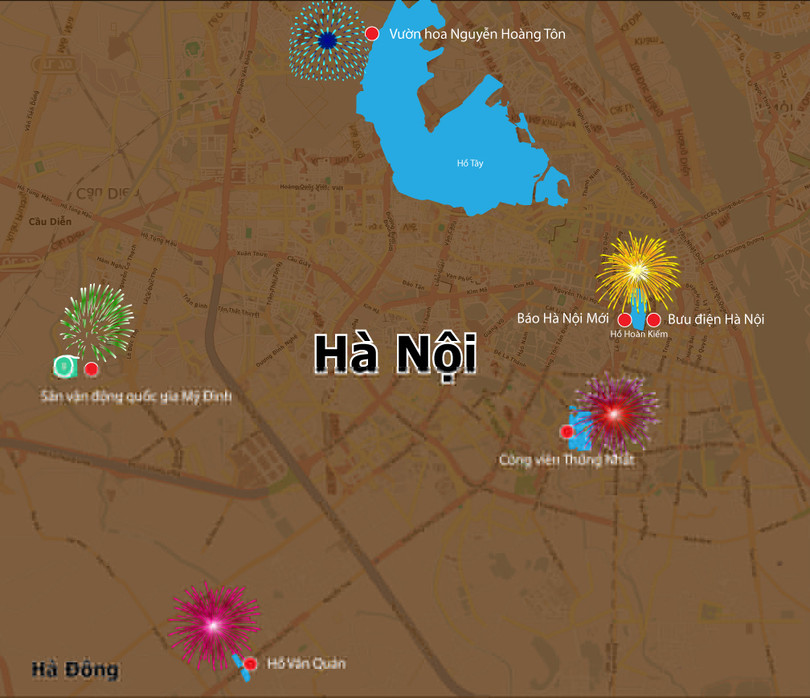 Các điểm bắn pháo hoa mừng Quốc khánh 2-9-2015 tại Hà Nội- Đồ họa: Việt Anh - Trị Thiên