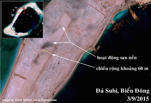 Hình ảnh đường băng được Trung Quốcsan nền trái phép trên đá Subi, thuộc quần đảo Trường Sa của Việt Nam. Ảnh:DigitalGlobe
