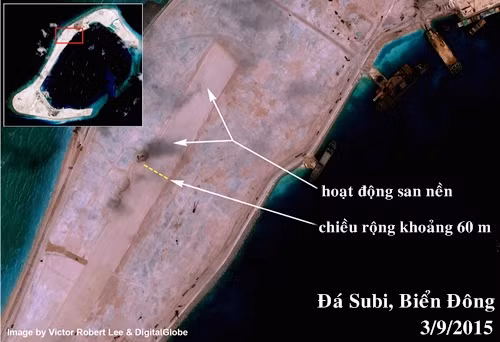 Hình ảnh đường băng được Trung Quốcsan nền trái phép trên đá Subi, thuộc quần đảo Trường Sa của Việt Nam. Ảnh:DigitalGlobe Hình ảnh đường băng được Trung Quốcsan nền trái phép trên đá Subi, thuộc quần đảo Trường Sa của Việt Nam. Ảnh:DigitalGlobe