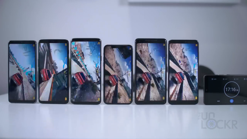OnePlus 6, LG G7, Galaxy S9 Plus, iPhone X, Google Pixel 2 XL và Huawei P20 Pro. Ảnh: TheUnlockr
