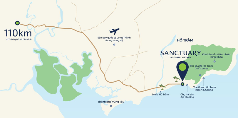 Dự án Sunctuary Hồ Tràm xen giữa các dự án Melia Hồ Tràm và Hồ Tràm Strip Dự án Sunctuary Hồ Tràm xen giữa các dự án Melia Hồ Tràm và Hồ Tràm Strip