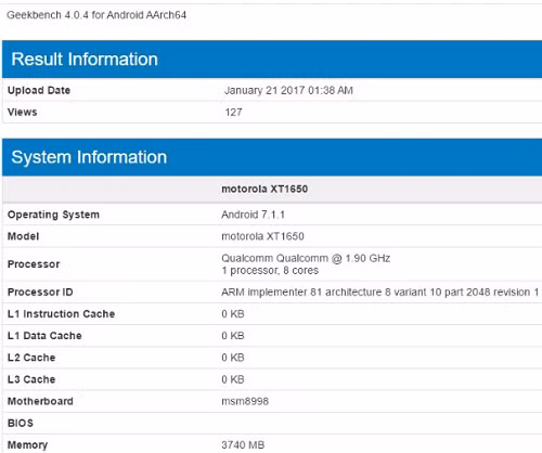 Cấu hình của Moto Z xuất hiện trên trang Benchmark